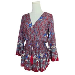 L'ATISTE Maroon Floral Print Elastic-Waist V-Neck Bell Sleeve Romper